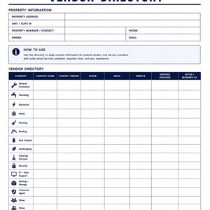 May include: A white printable vendor directory form with dark blue text and icons. The document includes sections for property information, instructions, a grid for vendor contact details categorized by service type, and an additional notes area.