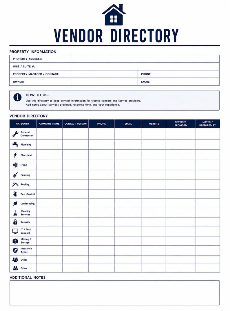 May include: A white printable vendor directory form with dark blue text and icons. The document includes sections for property information, instructions, a grid for vendor contact details categorized by service type, and an additional notes area.