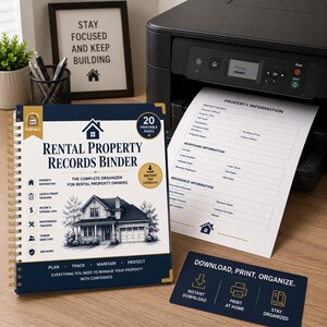 May include: A spiral-bound Rental Property Records Binder with a dark blue cover featuring a house illustration, text, and icons. Beside it, a printer outputs a Property Information form, and a small card displays the text Download, Print, Organize.
