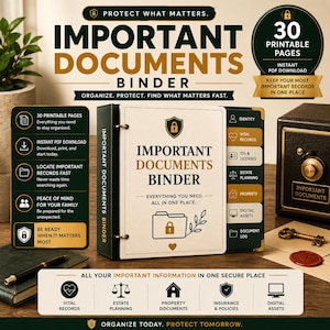 Peut inclure: Un classeur de documents importants avec une couverture crème, un dos noir et des accents dorés. La couverture présente une icône de bouclier, une icône de dossier avec un cadenas et le texte "Important Documents Binder". Il comprend 30 pages imprimables pour organiser les dossiers vitaux, la planification successorale, les biens et les actifs numériques.