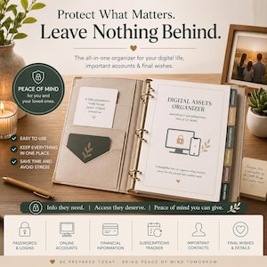 May include: A beige digital assets organizer with gold accents, open to display labeled sections for passwords, accounts, and financial information. The cover reads "Protect What Matters. Leave Nothing Behind."