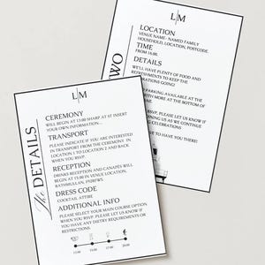 Hochzeitsdetails Kartenvorlage, bearbeitbare Canva Info Insert, Schwarzweiß-Hochzeitsreihe druckbar, Anpassungs- und Stundenplandetails