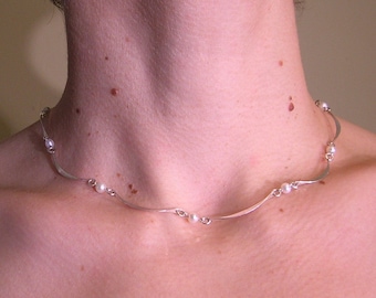 Sterling Silver Pearl Choker: Hammered Crescent Necklace