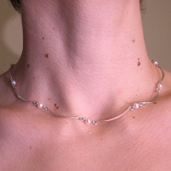 Pearl and Crescent Necklace, Silver Pearl Necklace, Elegant Pearl Choker, Silver Pearl Choker