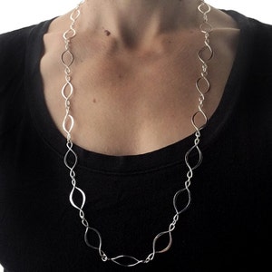 Long Handcrafted Chain, Long Silver Necklace, Hammered Silver Chain, Infinity Link Chain, Helix Necklace