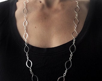 Long Handcrafted Chain, Long Silver Necklace, Hammered Silver Chain, Infinity Link Chain, Helix Necklace