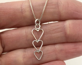 Three Heart Pendant, 3 Silver Hearts, 3 Heart Pendant, Three Heart Necklace, 3 Heart Necklace, Triple Heart Pendant, Delicate Heart Pendant