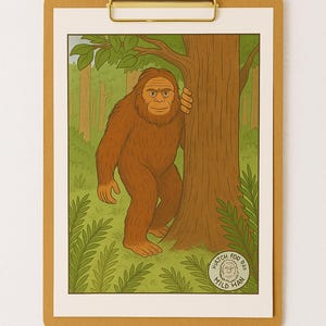 May include: A cartoon illustration of a brown Bigfoot standing behind a tree in a green forest. The illustration is surrounded by a white border and a green background. The image includes a circular logo with the text "Hatch For Dad Mild Man".
