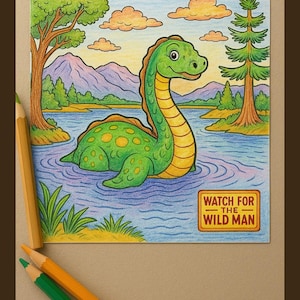 Op de afbeelding: Een groen en geel cartoonmonster met een lange nek zwemt in een blauw meer. Het monster heeft groene vlekken en een vriendelijk gezicht. De achtergrond is een kleurrijk landschap met bergen, bomen en wolken. De tekst "Watch for the Wild Man" staat in een bruin rechthoekje onderaan de afbeelding.
