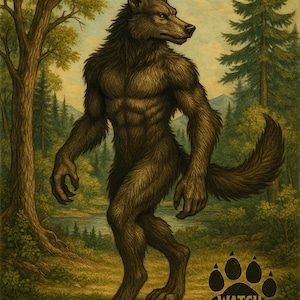 Op de afbeelding: Een bruine weerwolf met een gespierd lichaam staat in een bosrijke omgeving. De weerwolf heeft een lange, harige staart en scherpe klauwen. De achtergrond toont bomen, een rivier en een blauwe lucht. De tekst "Watch for the Wild Man" is gedrukt in een cirkel met een pootafdruk.