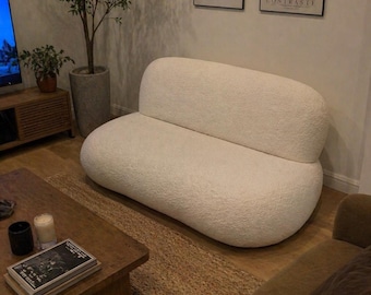 Cream Boucle Curved Sofa: Minimalist Japandi Loveseat, Sculptural Living Room Furniture