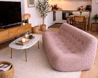 Tufted Pink Floor Couch: Low Profile Lounge Sofa, Modern Living Room Furniture