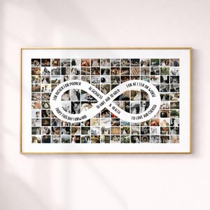 Puede incluir: Un collage de fotos de boda enmarcado con un marco dorado. El collage está compuesto por numerosas fotos pequeñas dispuestas en una cuadrícula. Un símbolo de infinito blanco en el centro contiene votos matrimoniales. El texto dice "En la salud y en la enfermedad".
