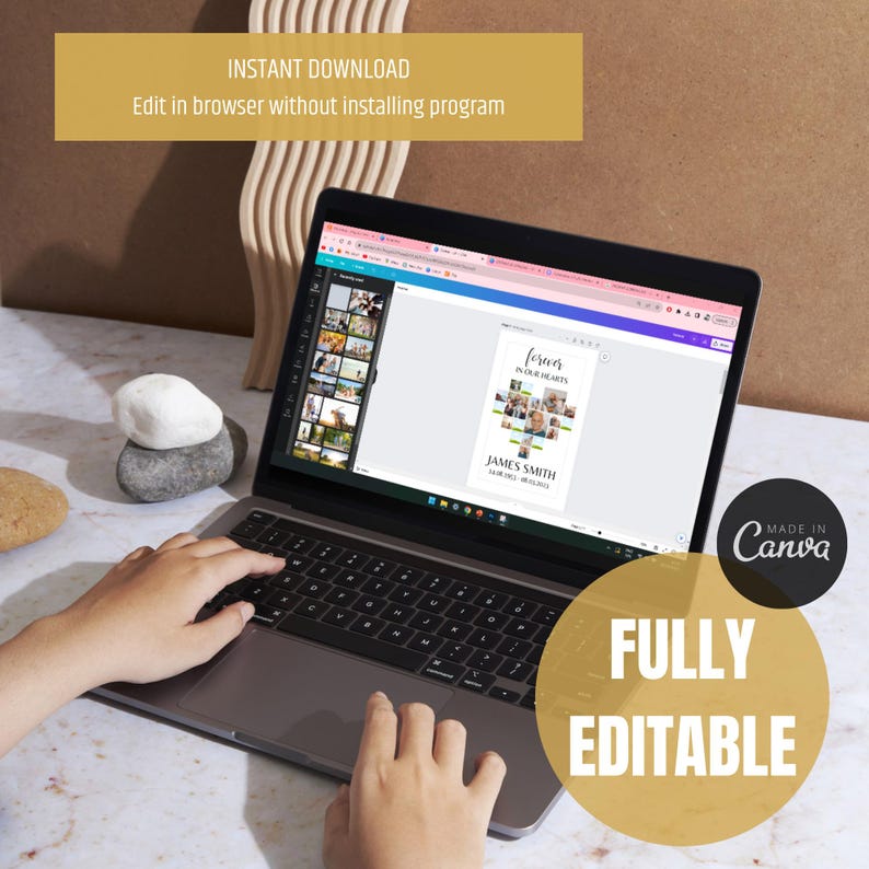 May include: A laptop displaying a digital memorial collage template on a screen. The template features the text "forever in our hearts," "JAMES SMITH," and dates. The screen shows a grid of small photos arranged in a cross shape, with editing tools visible.