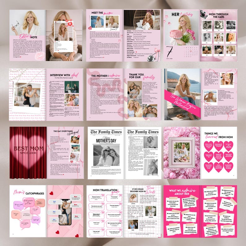 May include: A multi-page photo book layout featuring a pink and white color scheme with numerous photographs of a woman, text sections titled Editor's Note, Meet the Mom, Interview with Dad, The Mother I Admire, The Family Times, and Mom Translation Guide.