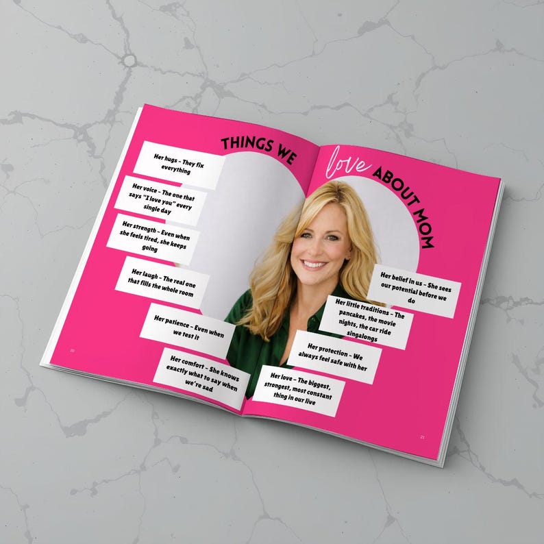 May include: An open book with bright pink pages featuring a photograph of a smiling blonde person in a dark green shirt. The text reads Things We Love About Mom, surrounded by white boxes listing attributes like her hugs, voice, strength, and love.