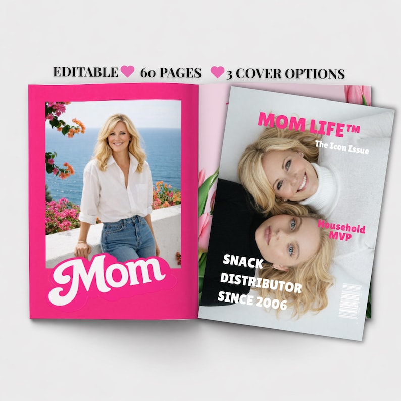 May include: An editable 60-page magazine template featuring three cover options. The layout displays a photo of a person in a white shirt and blue jeans with the text Mom, and a cover titled Mom Life The Icon Issue Household MVP.
