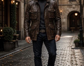 Mens Brown Sheepskin Leather Field Jacket,Handmade Genuine Leather Military Style Coat,Vintage Utility Jacket,Classic Outdoor Leather Jacket
