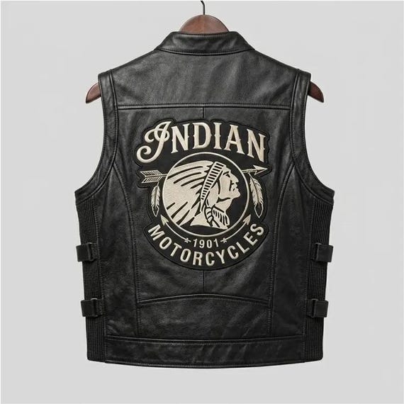 Indian Motorcycle Leather Vest Men, Black Genuine Leather Biker Vest with Back Patch, Vintage Rider Club Sleeveless Jacket, Motorbike Gear