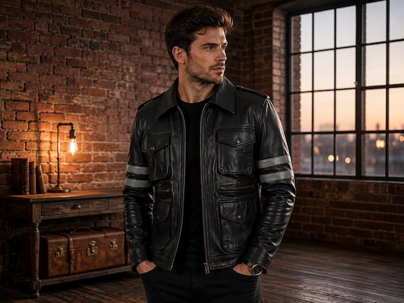 Genuine Sheep Leather Jacket | Men's & Women's Black Biker Jacket with Racing Stripes | Real Leather Handmade Slim Fit Jacket