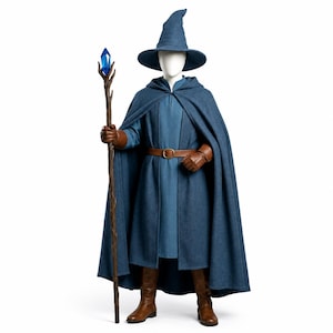 May include: A blue wizard costume featuring a pointed hat, a hooded cloak, and a long tunic. The outfit includes brown leather-like gloves and boots, a brown belt with a buckle, and a tall wooden staff topped with a faceted blue crystal point.