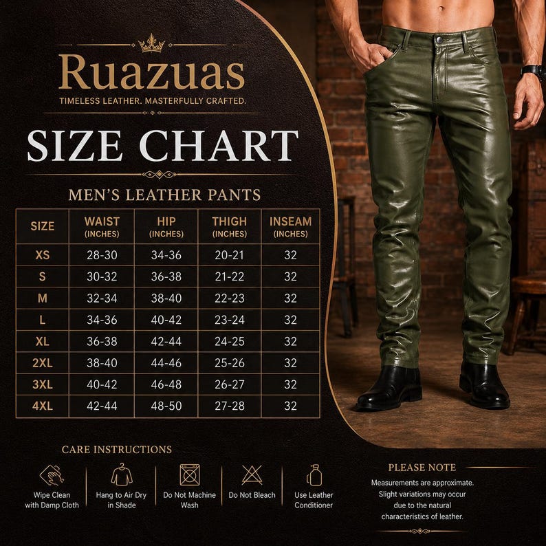 May include: Olive green leather pants with a button and zipper closure, shown alongside a size chart by Ruazuas. The chart lists waist, hip, thigh, and inseam measurements in inches from sizes XS to 4XL, plus care instructions and a note.