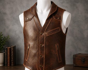 Handmade Western Leather Vest,Vintage Brown Cowhide Leather Biker Vest for Men,Distressed Motorcycle Waistcoat,Classic Retro Gift