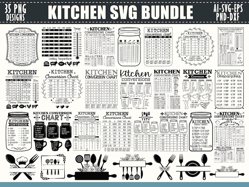 Kitchen Conversion Chart SVG Bundle: Recipe & Measurement Charts ...