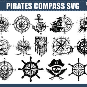May include: A collection of 14 black and white pirate-themed compass designs in SVG format. The designs include compass roses, pirate skulls, anchors, ships, and steering wheels. The text at the top reads "PIRATES COMPASS SVG" and "14 PNG DESIGNS".