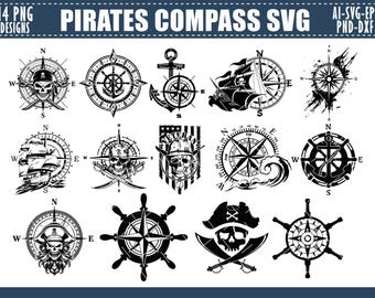 May include: A set of 14 black and white pirate-themed compass designs in SVG format. The designs feature compass roses, pirate skulls, anchors, ships, and steering wheels. The text at the top reads "PIRATES COMPASS SVG" and "14 PNG DESIGNS".