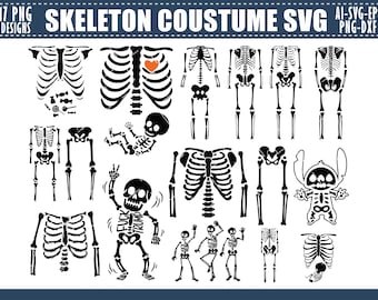 May include: A selection of black and white skeleton costume SVG designs. The designs include full skeletons, rib cages, and a baby skeleton. The text at the top reads "SKELETON COUSTUME SVG" and "17 PNG DESIGNS".