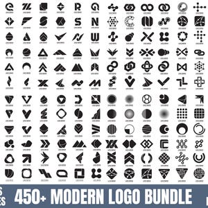 May include: A selection of 450+ modern logos in black and white. The logos showcase diverse geometric shapes, symbols, and abstract designs. The image includes the text "AI + EPS PSD FILES 450+ MODERN LOGO BUNDLE FULLY EDITABLE".