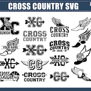 Może przedstawiać: Kolekcja 17 czarno-białych wzorów SVG do biegów przełajowych. Projekty zawierają tekst, taki jak "Cross Country", "XC" i "Senior", a także obrazy butów do biegania ze skrzydłami i strzałkami.