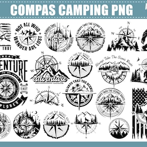 May include: A collection of 20 PNG designs featuring compasses, mountains, and outdoor adventure themes. Designs include text such as "Adventure," "Always Take the Scenic Route," and "I'd Hike That." Black and white illustrations suitable for camping and hiking.