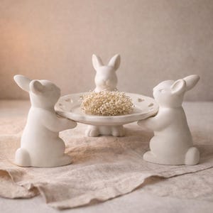 Könnte beinhalten: Ein weißer Keramik-Kuchenständer mit drei Hasenfiguren. Zwei Hasen tragen die Platte, einer bildet die Basis. Die Platte enthält Trockenblumen. Ideal für Ostern oder Frühlingsdekoration.