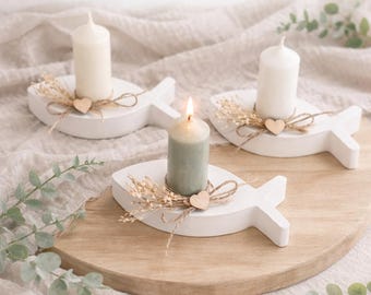 Kerzenhalter Fisch - mit Kerze und Trockenblumen - Raysin weiß - Tischdeko Taufe, Kommunion und Konfirmation - Ichthys Fisch -  Geschenkidee