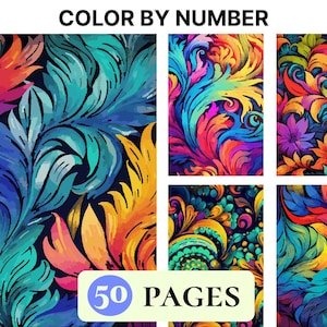 May include: A collection of colorful floral designs with the text "COLOR BY NUMBER" at the top. The designs feature vibrant hues of blue, yellow, orange, and purple. The text "50 PAGES" is also visible.