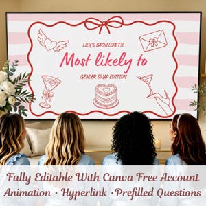 以下が含まれることがあります： デジタル画面には、Lily's Bachelorette Most likely to GENDER SWAP EDITIONというタイトルのバチェロレッテパーティーゲームが表示されています。白い背景にはピンクの横縞があり、翼のあるハート、封筒、マティーニグラス、ケーキ、グラスを持つ手の赤い線画が描かれています。
