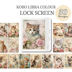 Puede incluir: 50 diseños de pantalla de bloqueo Kobo Libra Colour con gatitos lindos con fondos florales.