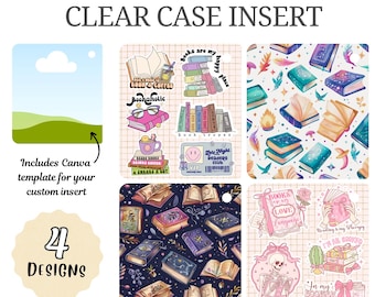 Puede incluir: Insertos de funda transparente para lectores electrónicos Kobo Libra Colour. La imagen muestra 24 diseños con ilustraciones temáticas de libros, incluyendo pilas de libros, libros abiertos y texto como "Bookaholic" y "Books are my happy place."