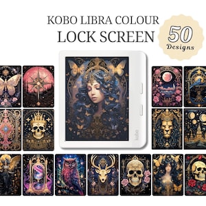 Può includere: Un e-reader Kobo Libra Colour bianco con una schermata di blocco raffigurante una donna con i capelli blu e farfalle. L'immagine mostra anche 50 design con illustrazioni, tra cui teschi, gufi e temi celesti.