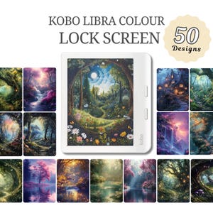 Op de afbeelding: Een verzameling van 50 digitale vergrendelschermdesigns voor de Kobo Libra Colour e-reader. De ontwerpen bevatten fantasierijke bosscènes met bomen, bloemen en paden.