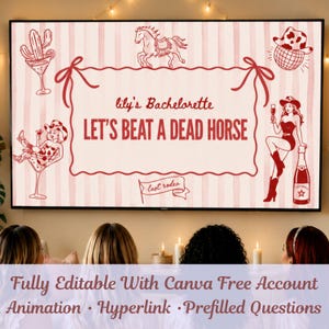 Puede incluir: Una plantilla de diseño gráfico digital con un fondo de rayas rosa claro e ilustraciones de línea roja de un caballo, un cactus en una copa, una bola de discoteca con sombrero de vaquero y una persona con sombrero de vaquero. El texto dice lily's Bachelorette LET'S BEAT A DEAD HORSE y last rodeo.