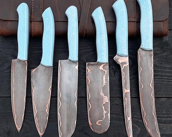 Conjunto de facas de chef artesanais, facas de cozinha personalizadas em aço inoxidável e cobre, conjunto de 6 peças, conjunto de facas de chef, presentes de Natal.