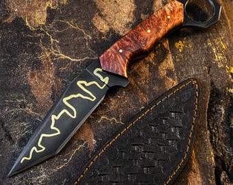 Handmade Full Tang Camping Knife, Acidic Rail Blade, Copper Line, Burl Handle With Leather Sheath, Perfect Gift for Men's