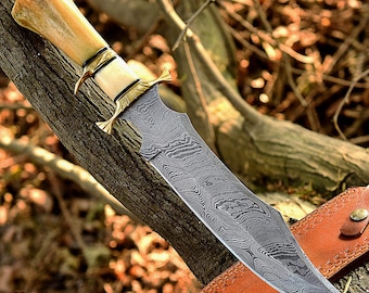 Handmade Damascus Steel Bowie Knife: Camel Bone Handle, Hunting Camping Gift
