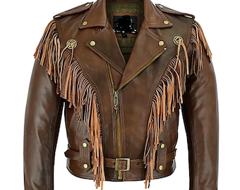 Men’s Brown Fringe Leather Jacket – Western Cowboy Biker Coat, Vintage Style Fringe Moto Jacket, Perfect Gift for Everyone