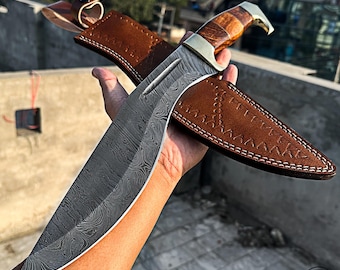 Handgemaakt damast kukri-mes met leren schede – Premium kerstcadeau voor hem | Gurkha-mes | Bowiemes voor jacht, kamperen en bushcraft