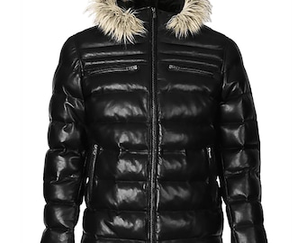 Unisex Black Faux Leather Puffer Jacket with Fur Hood – Winter Warm Quilted Coat, Stylish Streetwear Outerwear, Christmas Gift, NewYear Gift