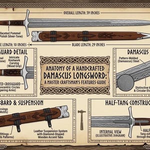 Puede incluir: Gu&iacute;a de anatom&iacute;a de una espada larga de Damasco artesanal. La imagen muestra una espada larga con una longitud total de 99 cm y una hoja de 74 cm. Incluye un pomo multifac&eacute;tico, intrincada talla de nudos y una guarda grabada. La vaina tiene tallas de madera a juego.